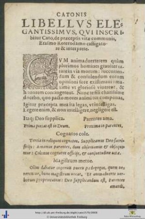 Cato, de præceptis vitæ communis Erasmo Roterodamo castigatore et interprete