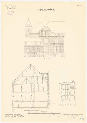 Kriegsschule der Garnison Potsdam: Speiseanstalt: Aufriss Ostansicht, Querschnitt 1:100