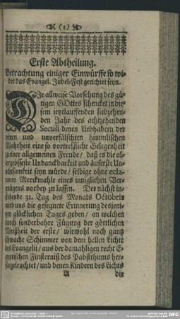 Erste Abtheilung. Betrachtung einiger Einwürffe so wider das Evangel. Jubel-Fest gerichtet seyn