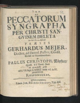 De Peccatorum Syngrapha Per Christi Sanguinem Deleta