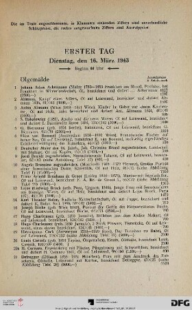 Erster Tag: Dienstag, den 16. März 1943, Beginn 14 Uhr (Nr. 1-168)