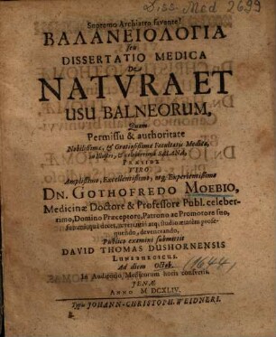 Balaneiologia seu Dissertatio Medica De Natvrae Et Usu Balneorum