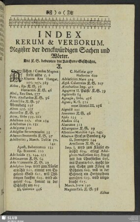 Index Rerum & Verborum. Register der denckwürdigen Sachen und Wörter
