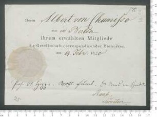 Mitgliedskarte der Gesellschaft korrespondierender Botaniker