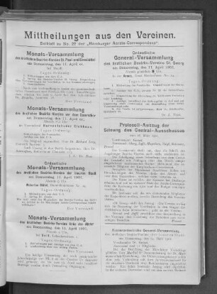 Mittheilungen aus den Vereinen. Beiblatt zu No. 22 der "Hamburger Aerzte-Correspondenz"