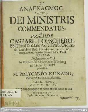 Anagkasmos ... dei ministri commendatus