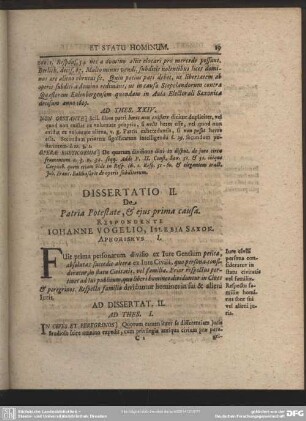 Dissertatio II. De Patria Potestate, & ejus prima causa. Respondente Iohanne Vogelio, Islebia Saxon