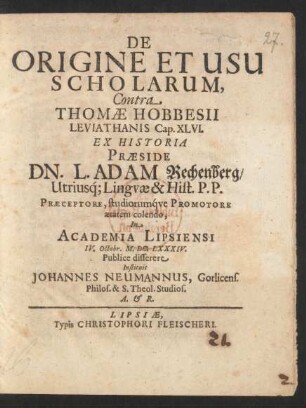 De Origine Et Usu Scholarum, Contra Thomae Hobbesii Leviathanis Cap. XLVI.