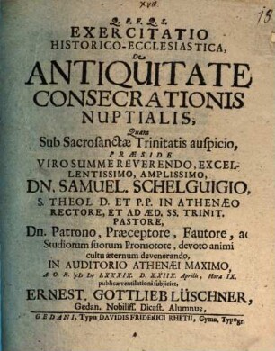 Exercitatio hist. eccl. de antiquitate consecrationis nuptialis