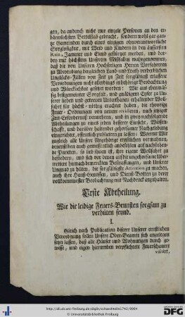 Erste Abtheilung. Wie die leidige Feuers-Brunsten sorgsam zu verhüten seynd.