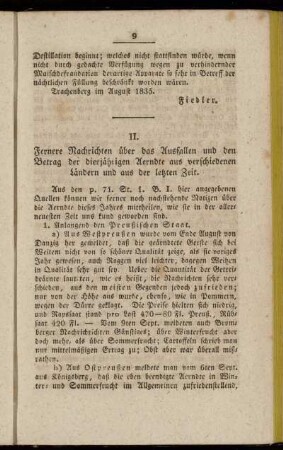 II. Fernere Nachrichten über das Ausfallen und den Betrag der diesjährigen Aerndte aus verschiedenen Ländern und aus der letzten Zeit
