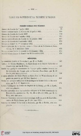 Table des matières de la troisième livraison
