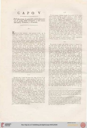 Capo V: Dell'Aneurisma in generale; particolarmente poi di quello della curvatora, e del tronco dell'Aorta Toracica, e Ventrale