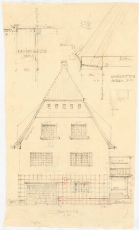 Landhaus Pallat in Stolpe, Berlin-Wannsee: Aufriss: Rückansicht 1:50; Details 1:10 vom Dach