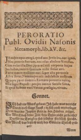 Peroratio Publ. Ovidii Nasonis Metamorph. lib. XV. &c.