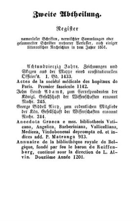 Zweite Abteilung. Register namenloser Schriften, vermischter Sammlungen oder gesammelter Schriften mehrerer Verfasser, auch einiger litterarischen Nachrichten in dem Jahre 1851.