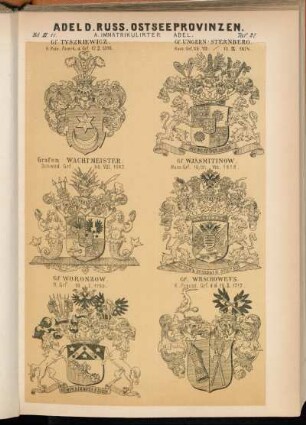 Taf. 27. Gf. Tyszkiewicz. K. Poln. Anerk. d. Grf. 17.II.1516. - Gf. Ungern-Sternberg. Russ. Grf. 29.VIII ; 10.IX.1874. - Grafen Wachtmeister. Schwed. Grf. 20.VIII.1687. - Gf. Wjäsmitinow. Russ. Grf. 19/31.VIII.1818. - Gf. Woronzow. R. Grf. 19.I.1760. - Gf. Wrschowets. K. Preuss. Grf. d. d. 19.X.1717