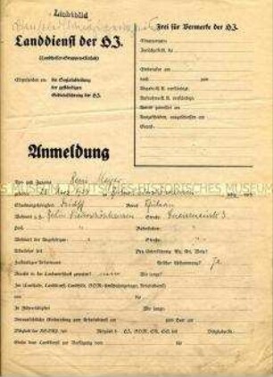 Anmeldeformular für den Landdienst der HJ