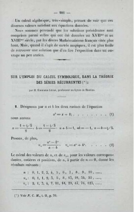 Sur l´emploi du calcul symolique, dans la théorie des séries récurrentes.