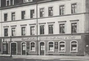 Dresden-Neustadt, Rudolf-Leonhard-Straße 13. Wohnhaus mit Oppellstädter Gesellschaftshaus und Café. Straßenansicht
