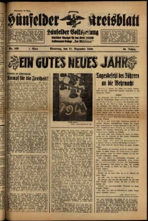 Erste Ausgabe vom Dienstag, den 31. Dezember 1940.