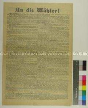Programmatischer Wahlaufruf der Sozialdemokraten anlässlich der Neuwahlen zum Reichstag am 25.1.1907 und zur Unterstützung des sozialdemokratischen Kandidaten Karl Liebknecht