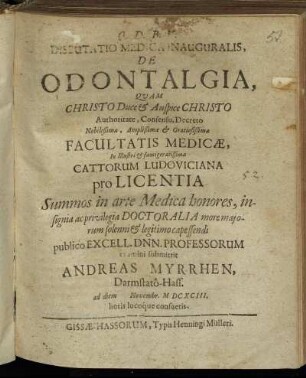 Disputatio Medica Inauguralis, De Odontalgia