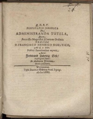Disputatio Iuridica De Administranda Tutela