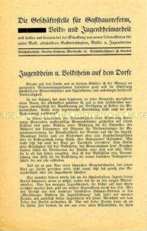 Flugblatt mit Werbung für die Schaffung von Jugendheimen auf dem Lande