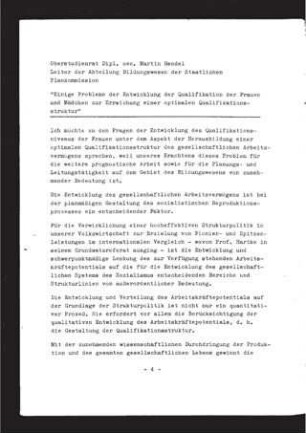 Einige Probleme der Entwicklung der Qualifikation der Frauen und Mädchen zur Erreichung einer optimalen Qualifikationsstruktur