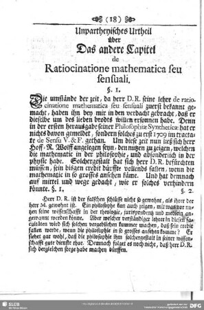 Unpartheyisches Urtheil über Das andere Capitel de Ratiocinatione mathematica seu sensuali