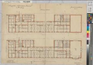 Arnsberg (Arnsberg) Lehrerinnenseminar - Inventarienzeichnung Klassengebäude: Grundrisse 2. und 3. Obergeschoß 1910 1 : 100 64 x 81 farb. Druck Landsberg Staatshochbauamt Arnsberg