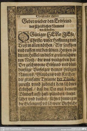 Gebet wieder den Erbfeind des Christlichen Namens den Türcken