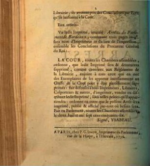 Arrest De La Cour De Parlement : Extrait Des Registres De Parlement. Du 1 Juillet 1756.