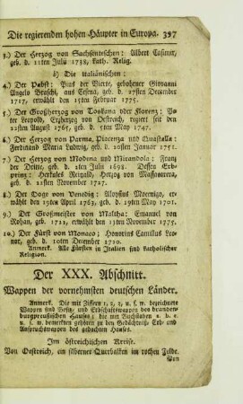 Der XXX. Abschnitt. Wappen der vornehmsten deutschen Laender