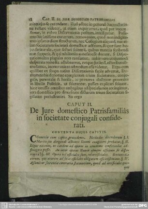 Caput II. De Iure domestico Patrisfamilias in societate coniugali considerati