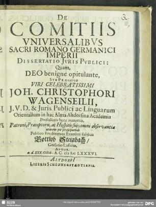 De Comitiis Vniversalibvs Sacri Romano Germanici Imperii Dissertatio Jvris Pvblici