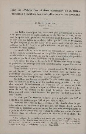 Sur les "Tables des chiffres constants" de M. Calza, destinées à faciliter les multiplieations et les divisions.