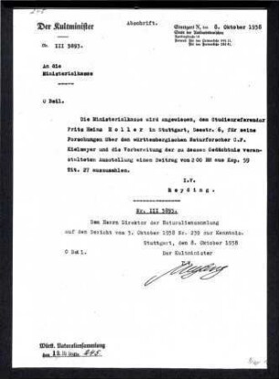 Anweisung des Kultministers an die Ministerialkasse