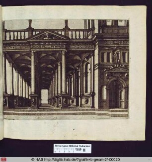 Links ist eine offene Halle zu sehen, die von Säulen korinthischer Ordnung gestützt wird, welche sich auf Sockeln befinden. Rechts ein Gebäude mit einem Giebeldreieck über der Tür.