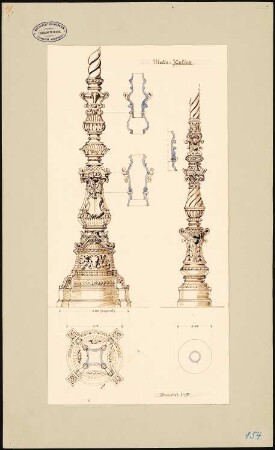 Königliche Oper (auch: Staatsoper unter den Linden, Lindenoper), Berlin 2 Kandelaber für Gaslaternen: Grundrisse, Schnitte, Details 1:10