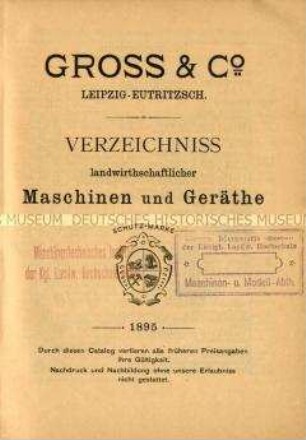 Verzeichnis Landwirthschaftlicher Maschinen und Geräthe