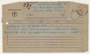 Telegramm von der Firma Otto Berning an Erich Salomon zum Kauf einer Robot
