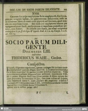 De Socio Parum Diligente, Discursus LIII. Defendens Fridericus Wahl, Gedan.