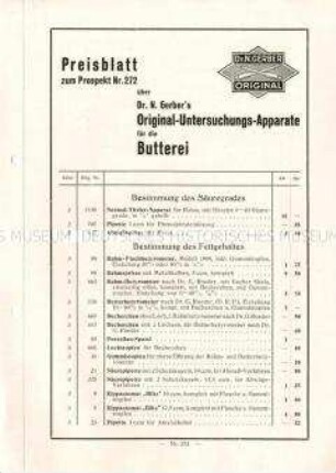 Preisblatt zum Prospekt Nr. 272 über Dr. N. Gerber`s Untersuchungs-Apparate für die Butterei / Nr. 273