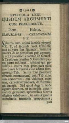 Epistola LXXI. Eiusdem Argumenti Cum Praecedente. Idem Eidem. Vratislavia Chemnitium