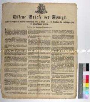 Bekanntmachung eines Patents von König Ludwig XVI. über den Beschluss der Nationalversammlung betreffend Zahlung ausstehender Staatsschuldenzinsen