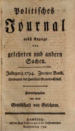 Politisches Journal : Darstellung des Weltlaufs in den Begebenheiten und Staatsacten. 1794,2