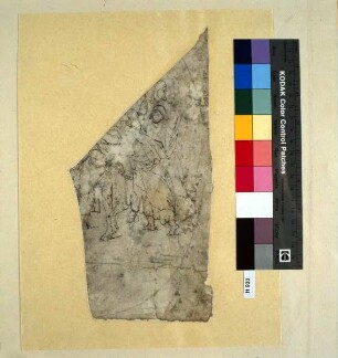 Fragment einer Darstellung: weibliche Figuren, darunter eine Tanzende, dabei ein geschmückter Ochse