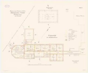 Pathologisches Institut der Charité, Berlin: Grundriss Erdgeschoss des Obduktionshauses, Grundriss Dachgeschoss des Tierstalls 1:100